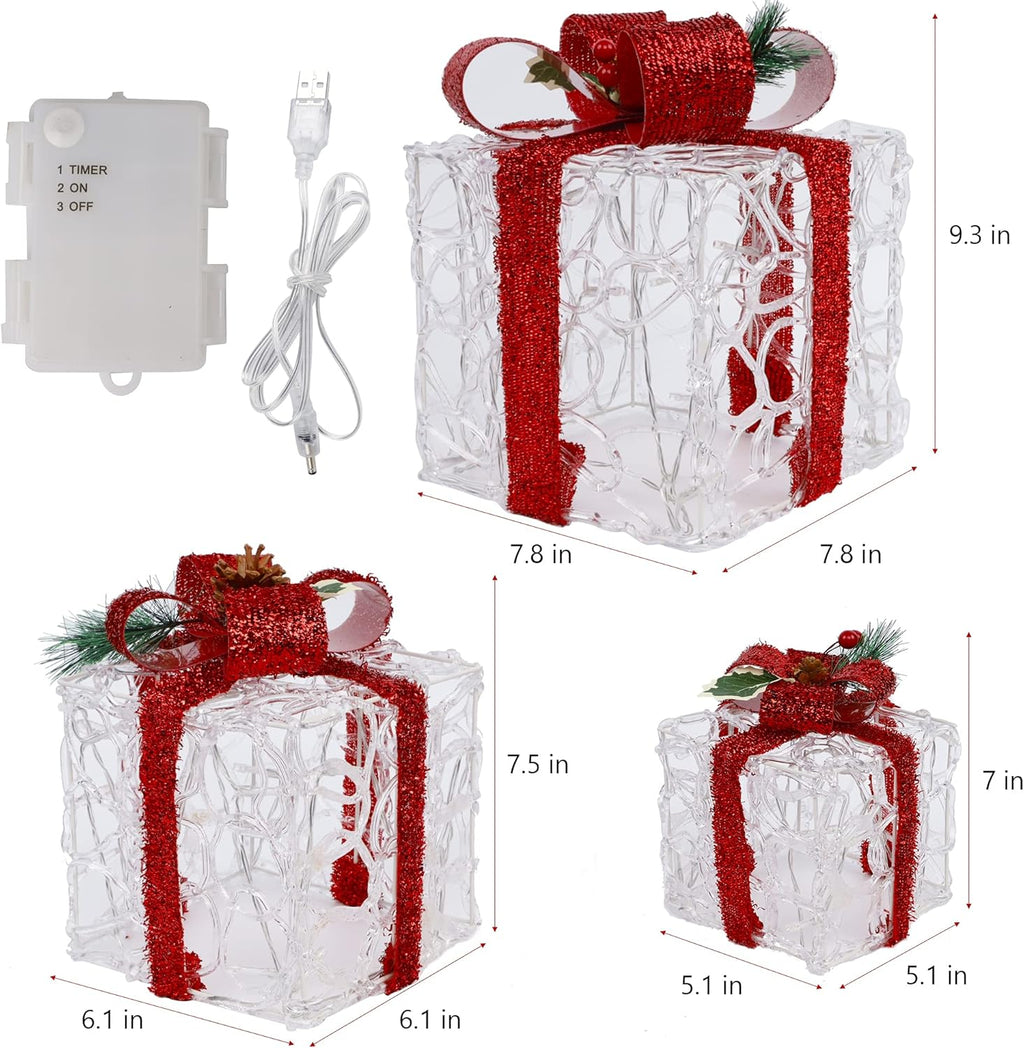 ATDAWN Juego de 3 cajas de regalo iluminadas, decoraciones de Navidad, cajas de regalo de acrílico transparente, decoraciones de caja de regalo de Navidad para el hogar