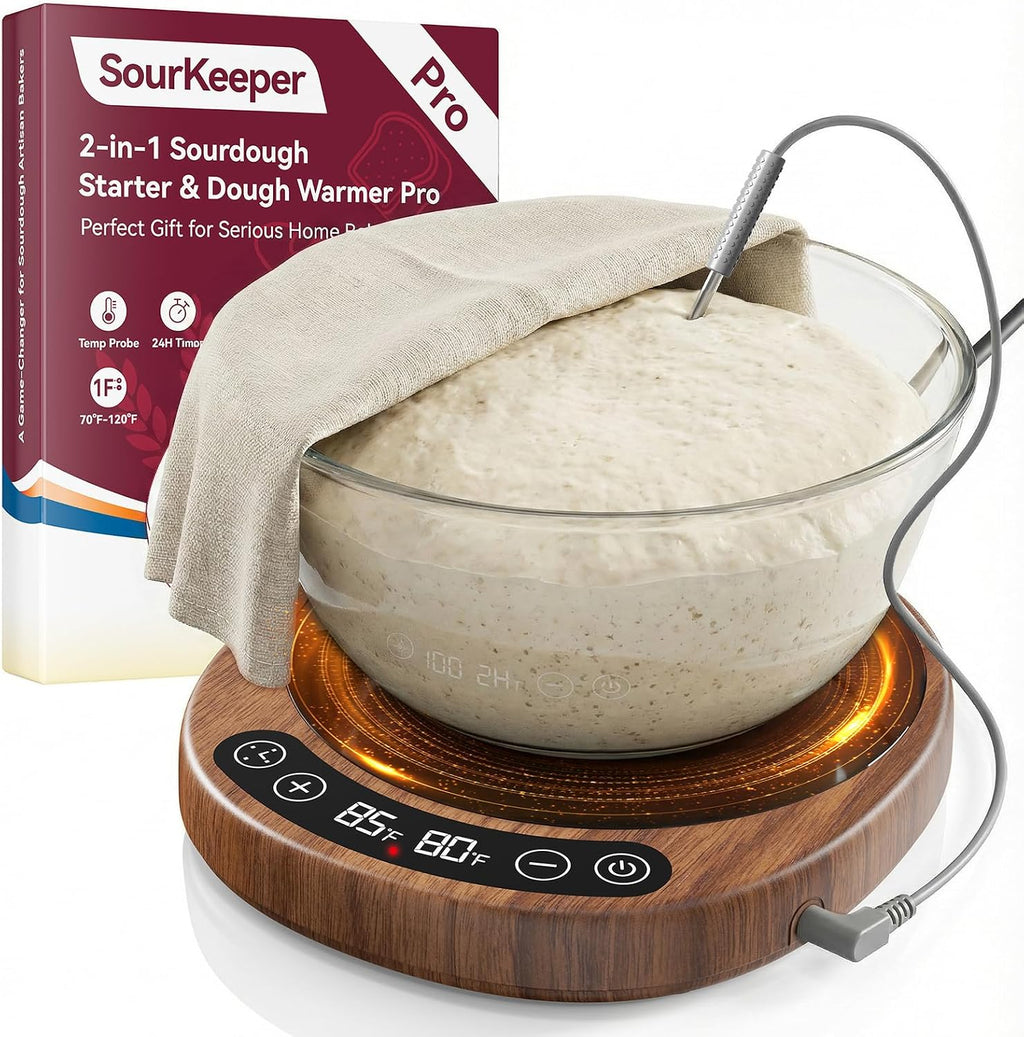 Pakusane SourKeeper, Calentador de masa madre 2 en 1 más grande Pro - Actualización 2026 Placa calefactora más grande, sonda de temperatura de la masa, control de 1 °F (70-110 °F), temporizador de 24 horas, monitoreo en tiempo real Nogal, 6.5 pulgadas