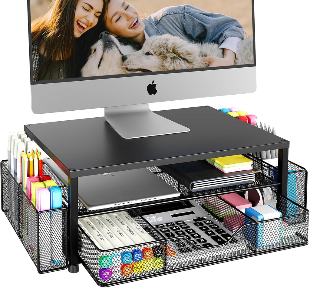 Organizador de escritorio y accesorios OPNICE, soporte de 2 niveles para monitor de computadora con cajón y 2 portalápices, soporte para computadora portátil, accesorios de escritorio para suministros de oficina, color negro 