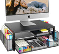 Organizador de escritorio y accesorios OPNICE, soporte de 2 niveles para monitor de computadora con cajón y 2 portalápices, soporte para computadora portátil, accesorios de escritorio para suministros de oficina, color negro 