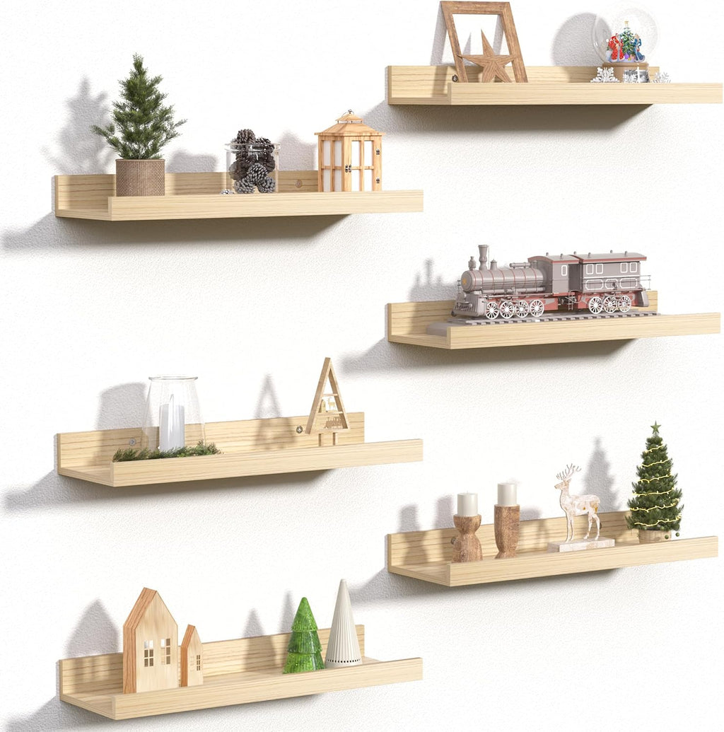 upsimples Estantes Flotantes para Pared, Set de 6 | Repisas de Madera Montadas para Decoracion y Almacenamiento | para Dormitorio, Sala, Bano y Cocina | Natural