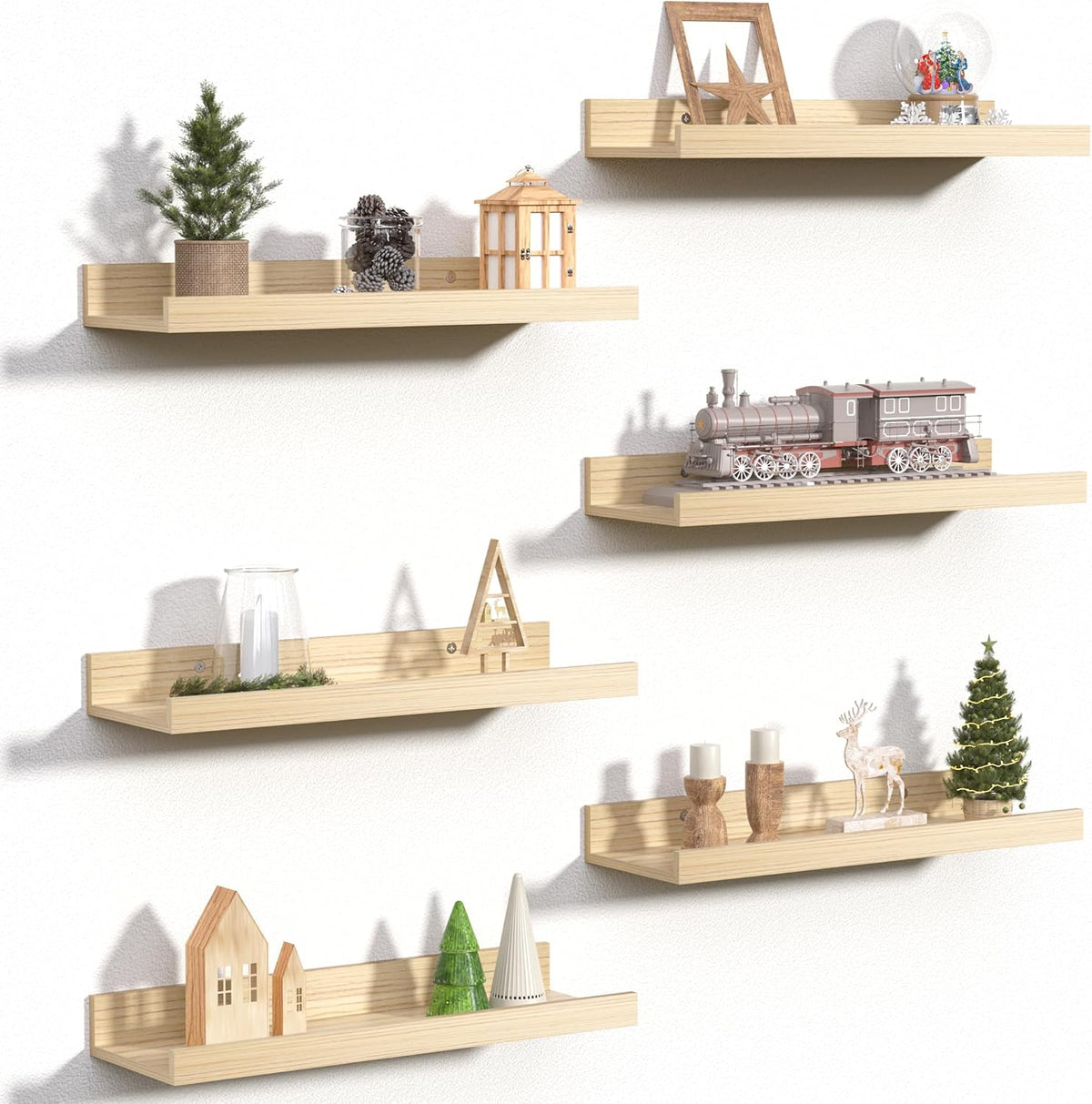 upsimples Estantes Flotantes para Pared, Set de 6 | Repisas de Madera Montadas para Decoracion y Almacenamiento | para Dormitorio, Sala, Bano y Cocina | Natural