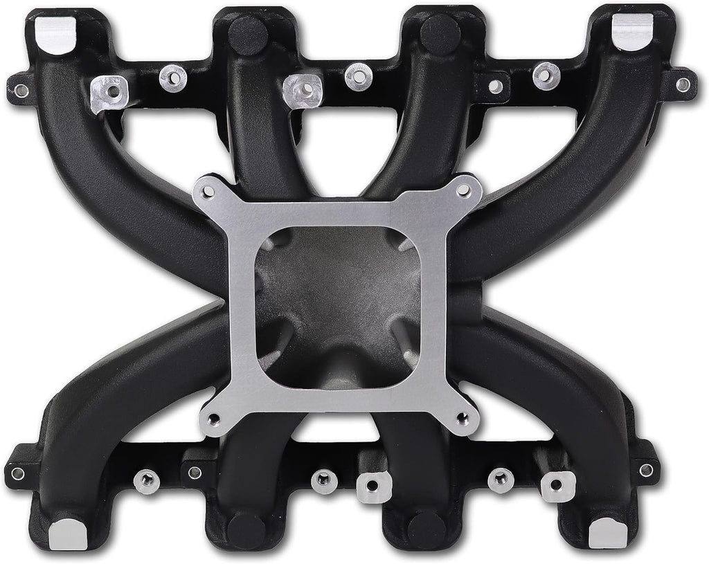 Múltiple de Admisión JGhyperX 300-132 LS Mid-Rise | Carburado de Aluminio Plano Único | Compatible con Chevy Small Block LS Cathedral Port 1997-2007 | GM LS1/LS2/LS6 | Negro