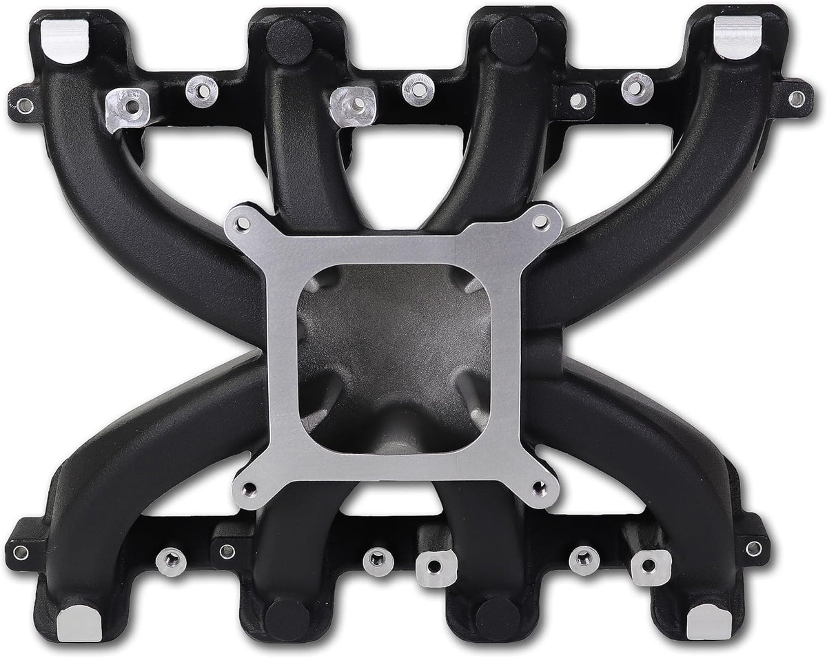 Múltiple de Admisión JGhyperX 300-132 LS Mid-Rise | Carburado de Aluminio Plano Único | Compatible con Chevy Small Block LS Cathedral Port 1997-2007 | GM LS1/LS2/LS6 | Negro