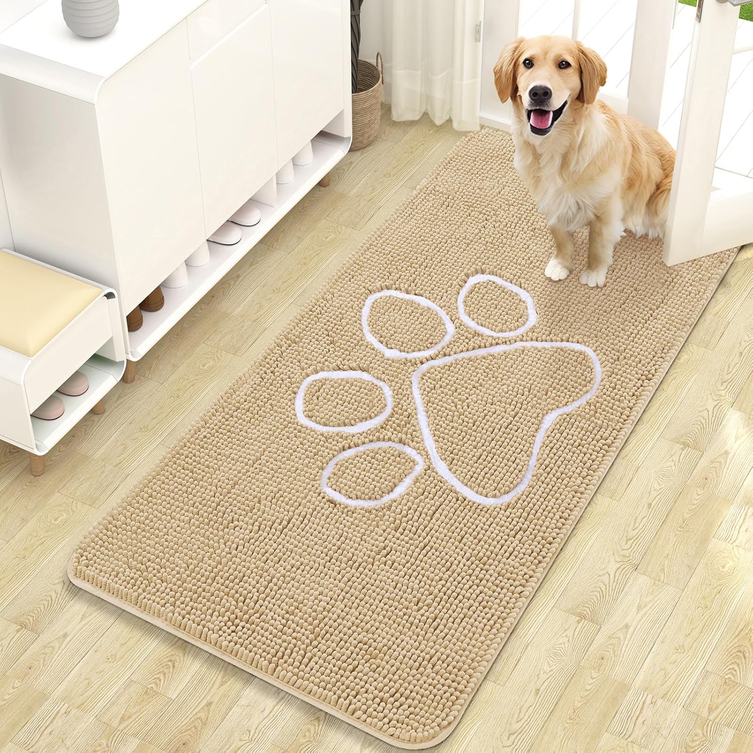 OLANLY Dog Door Mat for Muddy Paws 47x24, Paw Print Design, Absorbs Moisture and Dirt, Absorbent Non-Slip Washable Doormat, Quick Dry Chenille Mud Mat for Dogs, Entry Indoor Entryway Carpet, Beige