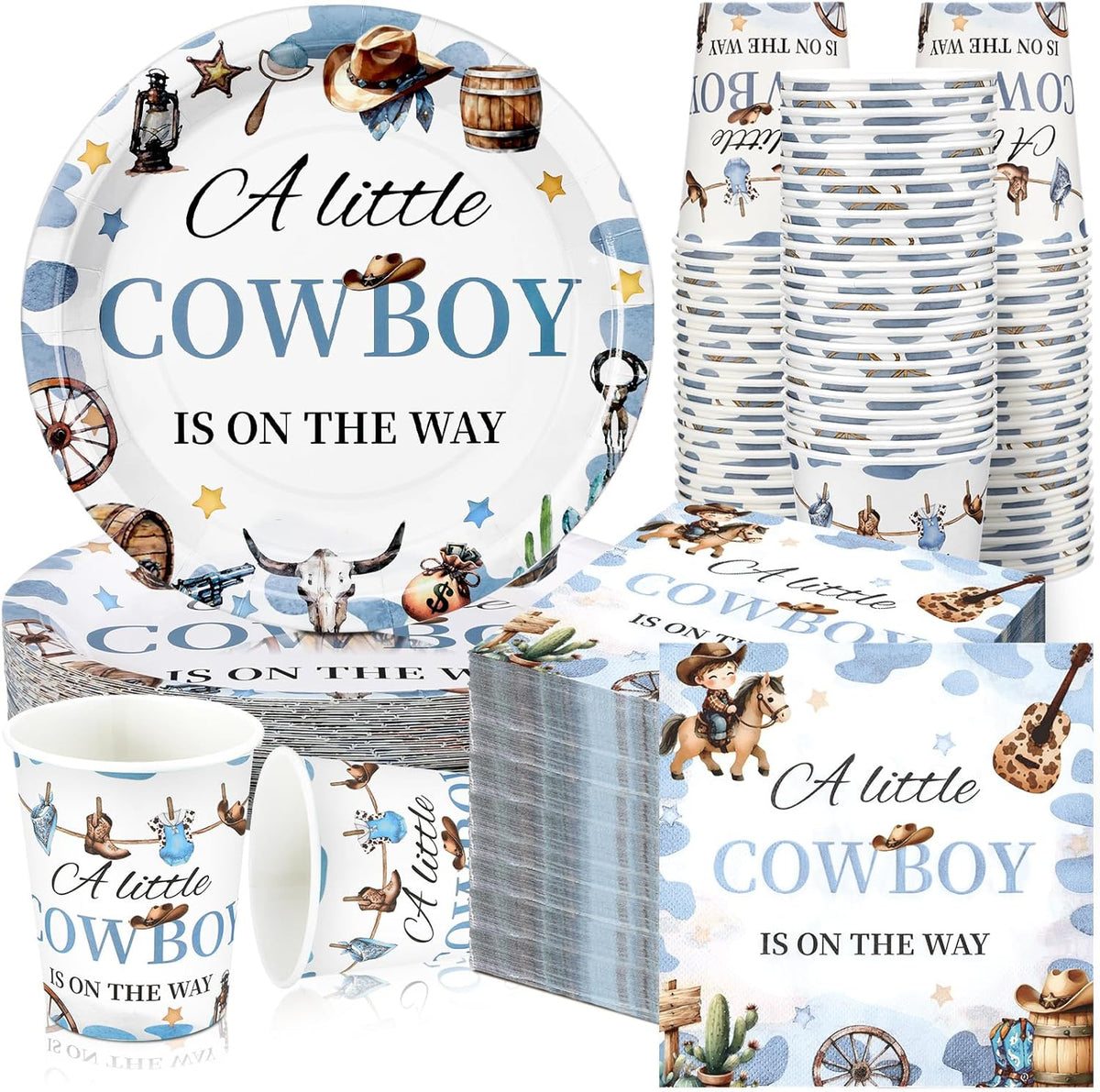 Set de Fiesta Baby Shower Hushee A Little Cowboy 200 Piezas | Platos, Servilletas y Vasos | Vajilla Desechable Tema Vaquero | Para 50 Invitados | Nino