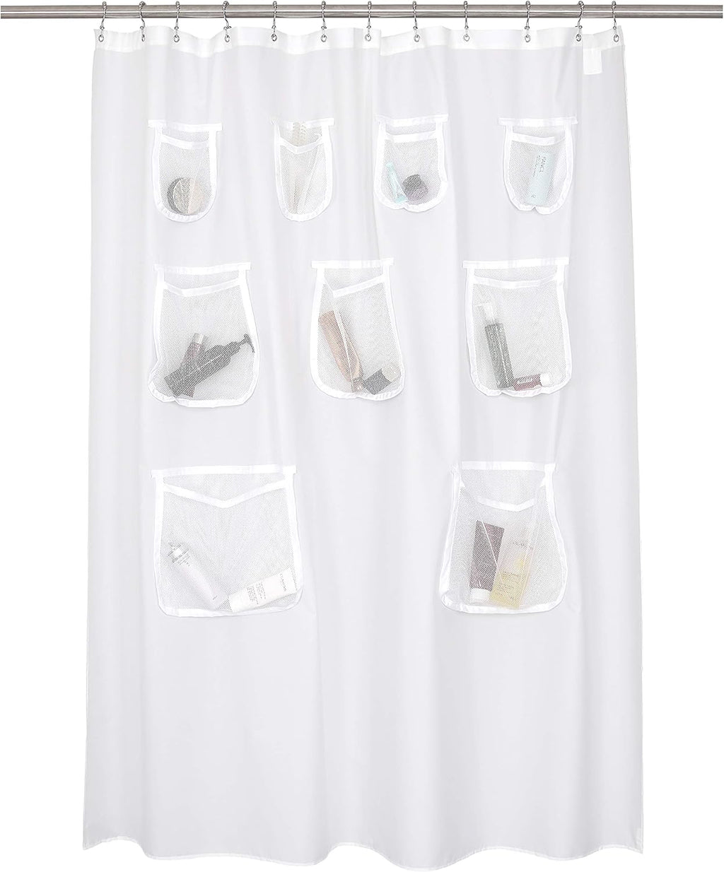 Cortina o forro de ducha de tela repelente al agua N&Y HOME con 9 bolsillos de malla - Blanco, 71 x 72 pulgadas
