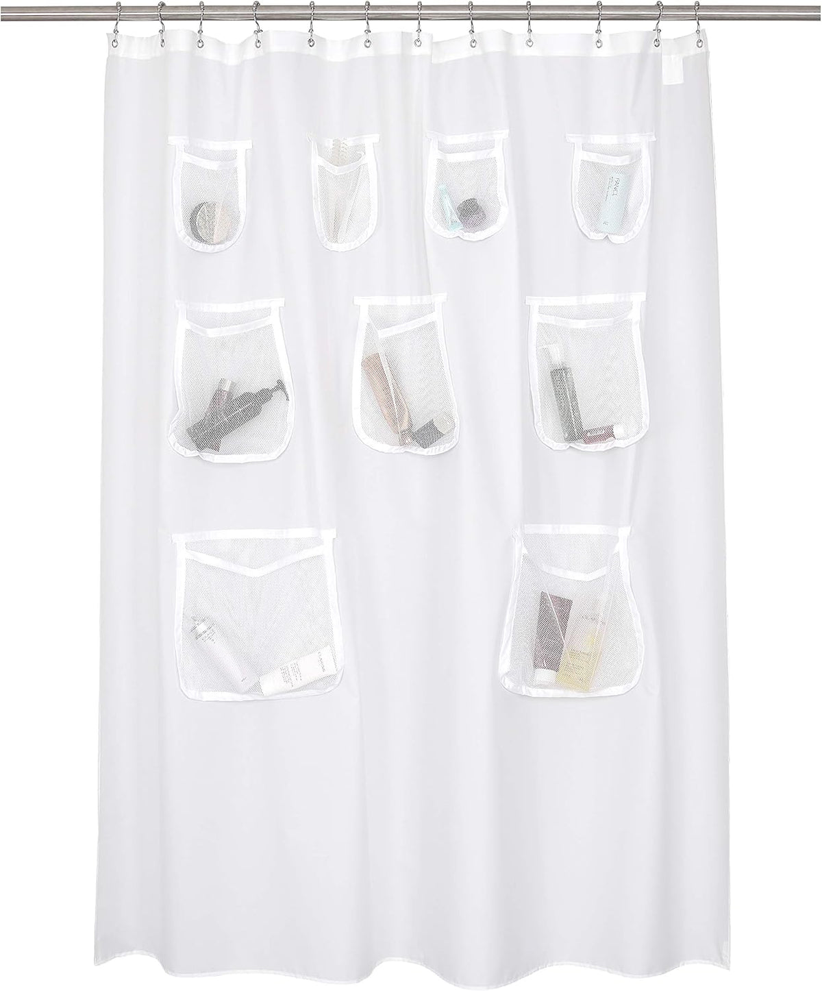 Cortina o forro de ducha de tela repelente al agua N&Y HOME con 9 bolsillos de malla - Blanco, 71 x 72 pulgadas