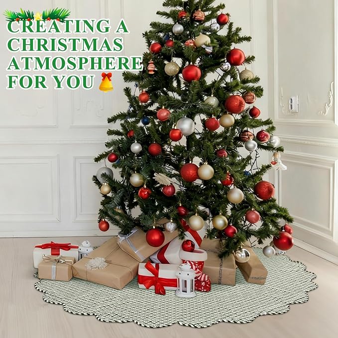 Falda de árbol de Navidad de 45 pulgadas, falda de árbol de Navidad con estampado floral a cuadros verdes vintage con borde festoneado, falda clásica de árbol de Navidad para fiesta de Navidad
