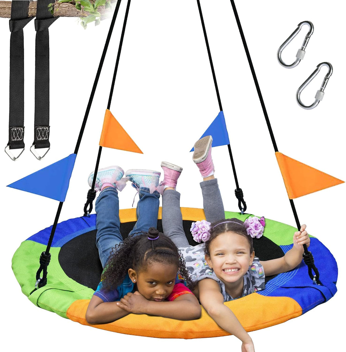 Columpio de árbol tipo platillo PACEARTH de 40 pulgadas, capacidad de peso de 900 lb, 2 correas de suspensión adicionales, cuerdas ajustables de múltiples hebras, asiento de columpio colorido, seguro y duradero para niños.