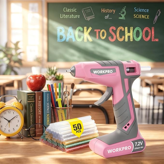 WORKPRO Pistola de pegamento caliente inalámbrica, precalentamiento rápido de 30 segundos, kit de pistola de pegamento de doble temperatura de 7.2V con 50 varillas de pegamento