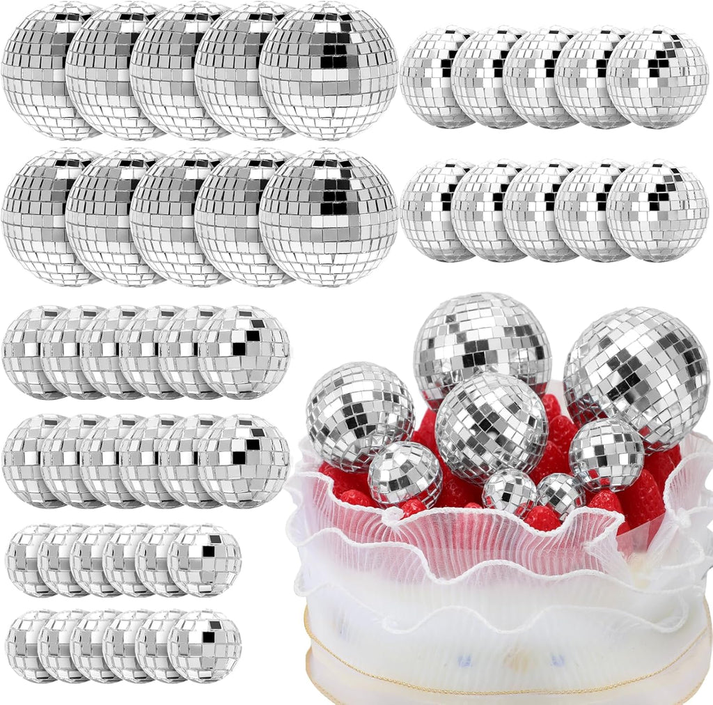 Geetery Set de 70 Bolas de Disco para Decorar Pastel | Varios Tamanos | Espejo Reflectante Plateado Mini | Decoracion de Pastel para Fiestas de los 70 y 80, Cumpleanos y Bodas