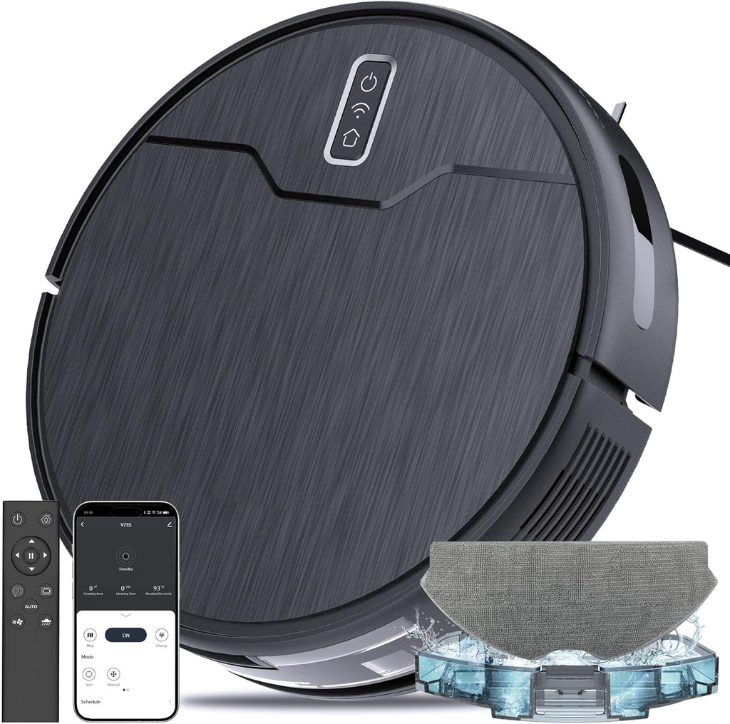 Robot aspirador y fregona combinados, 6 modos de limpieza, depósito de agua de gran capacidad, autocargable, WiFi/App/Alexa, ideal para suelos duros, alfombras y pelos de mascotas. 