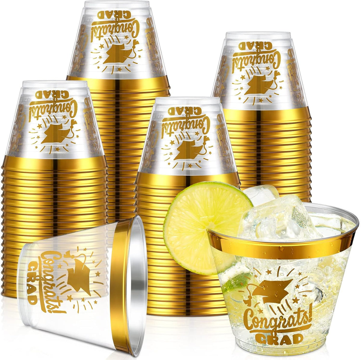 Yinder 100 unidades de vasos desechables de plástico de 266 ml (9 oz) con borde para la celebración de la graduación de la promoción de 2026. Ideales para fiestas de graduación. Artículos de mesa, vasos y bebidas (dorado)