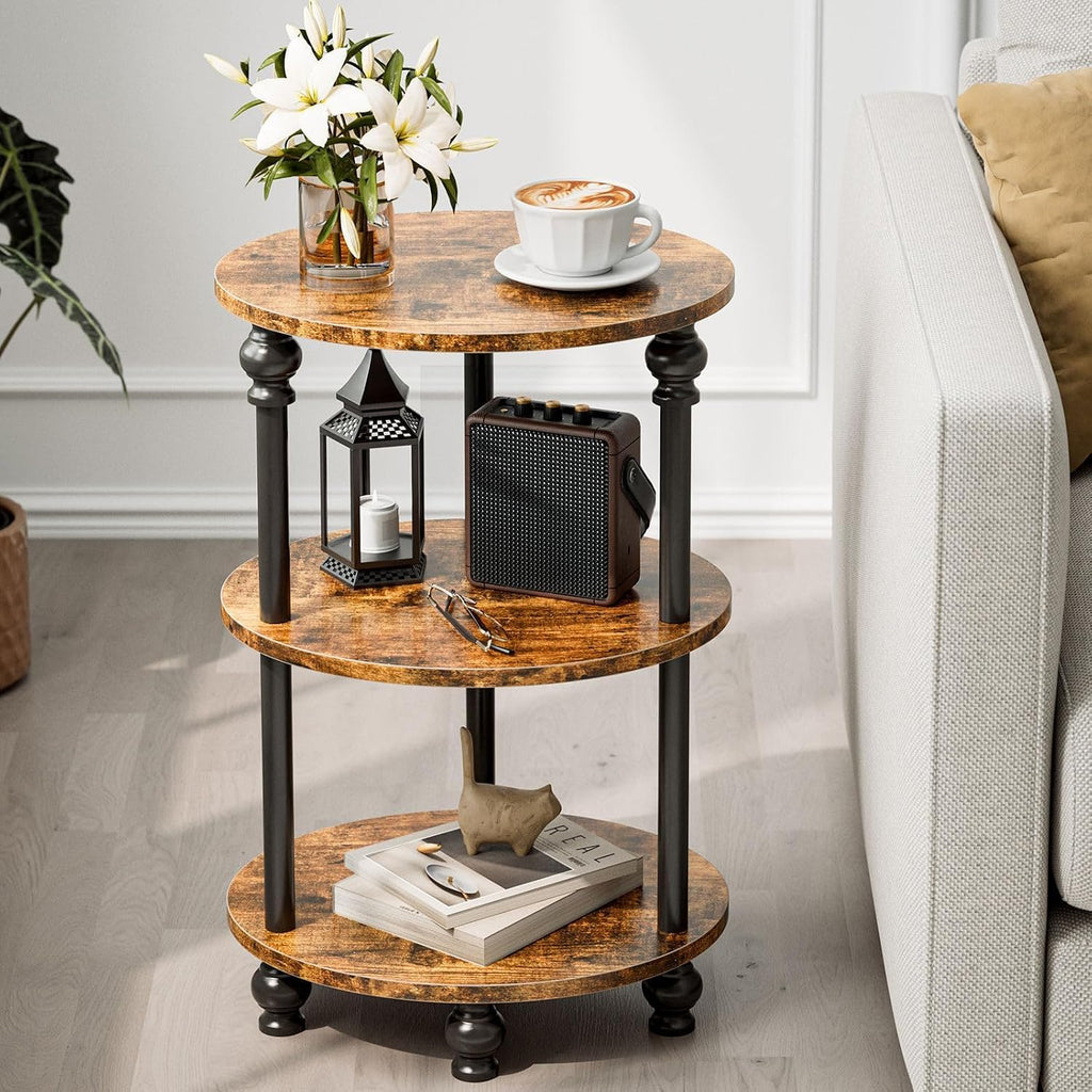 Mesa auxiliar redonda pequeña con patas torneadas clásicas, mesa decorativa ovalada de 3 niveles para espacios pequeños, mesa auxiliar de madera rústica y metal, mesita de noche para dormitorio