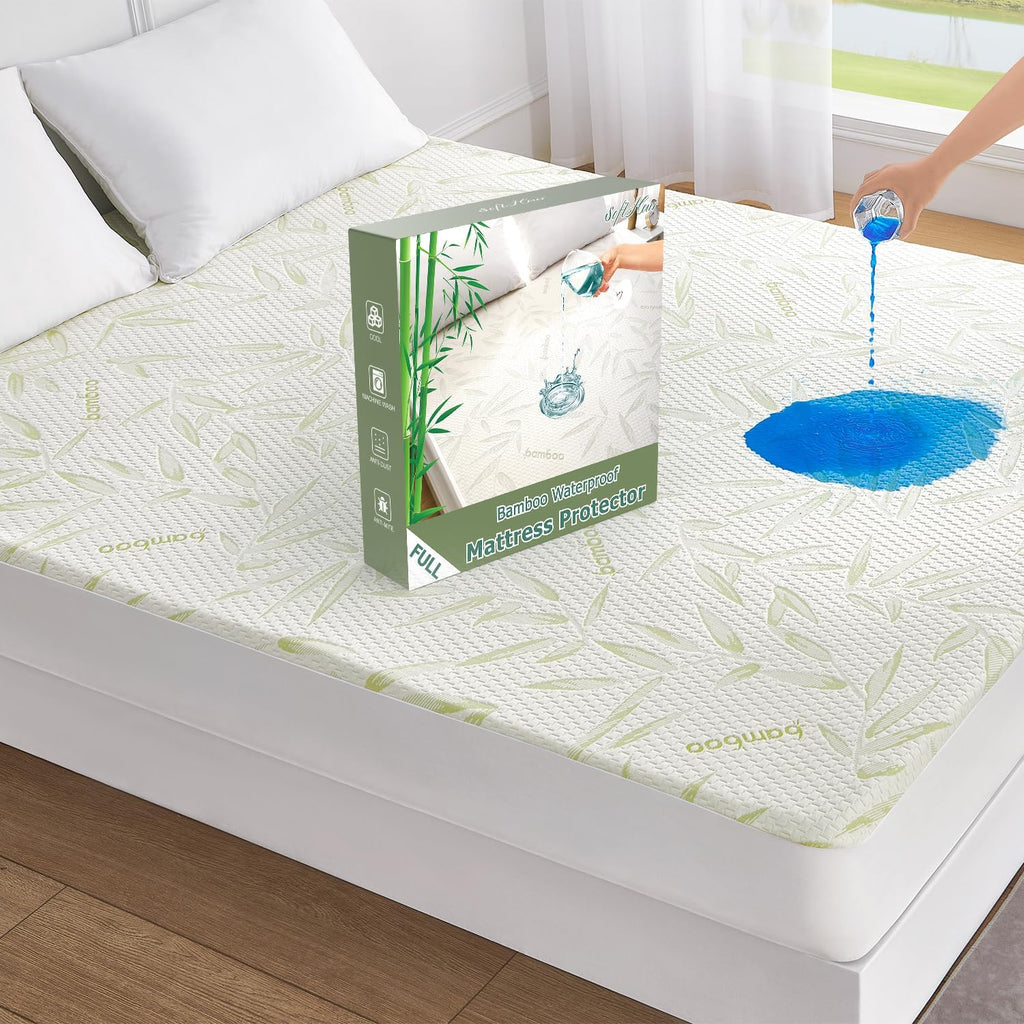 Protector de colchón de tamaño completo, impermeable, lavable, de bambú y rayón, transpirable, silencioso, de 5" a 21", con elástico y bolsillo profundo.