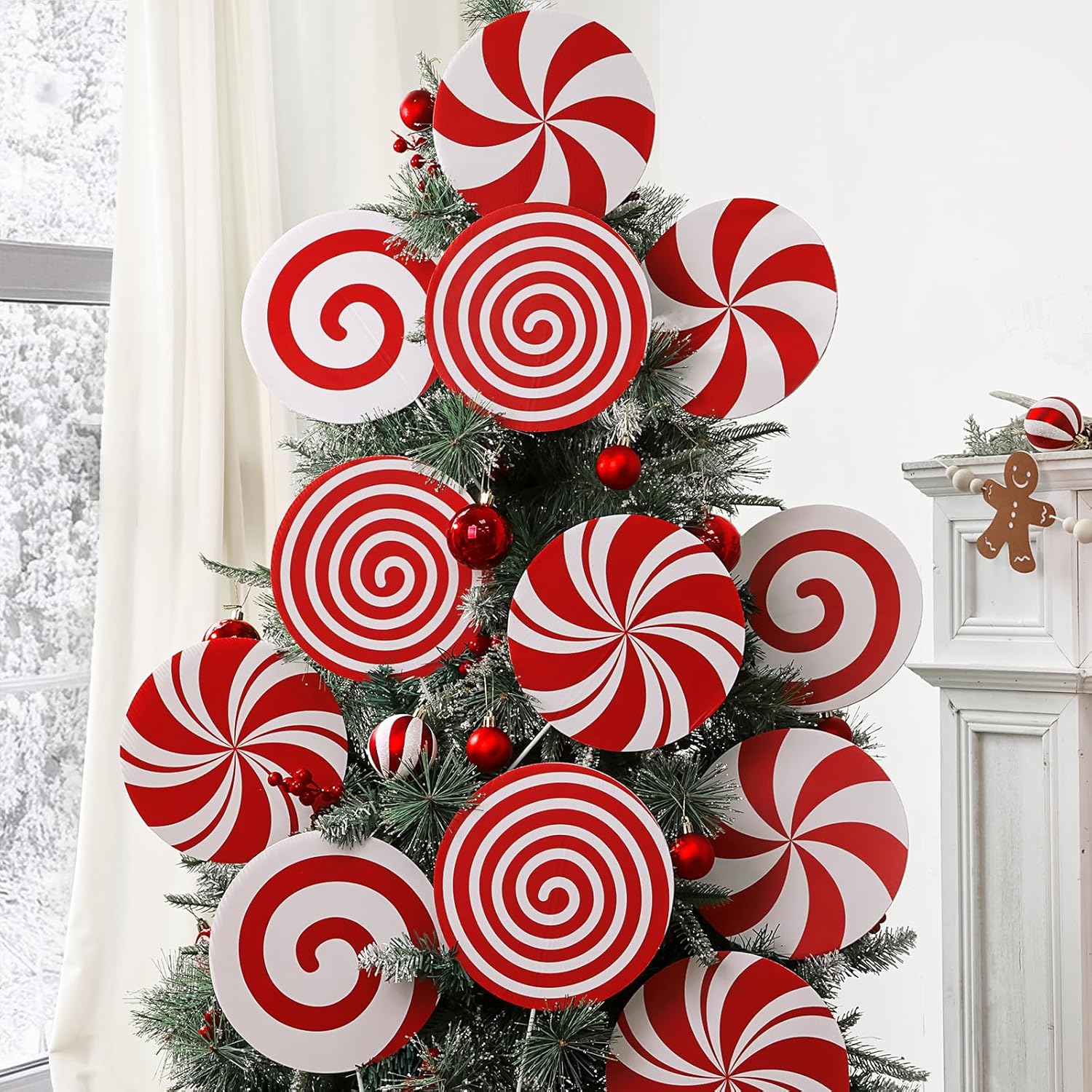 Decoraciones Navideñas para Árbol x12 — Paletas y Caramelos Grandes Rojo y Blanco