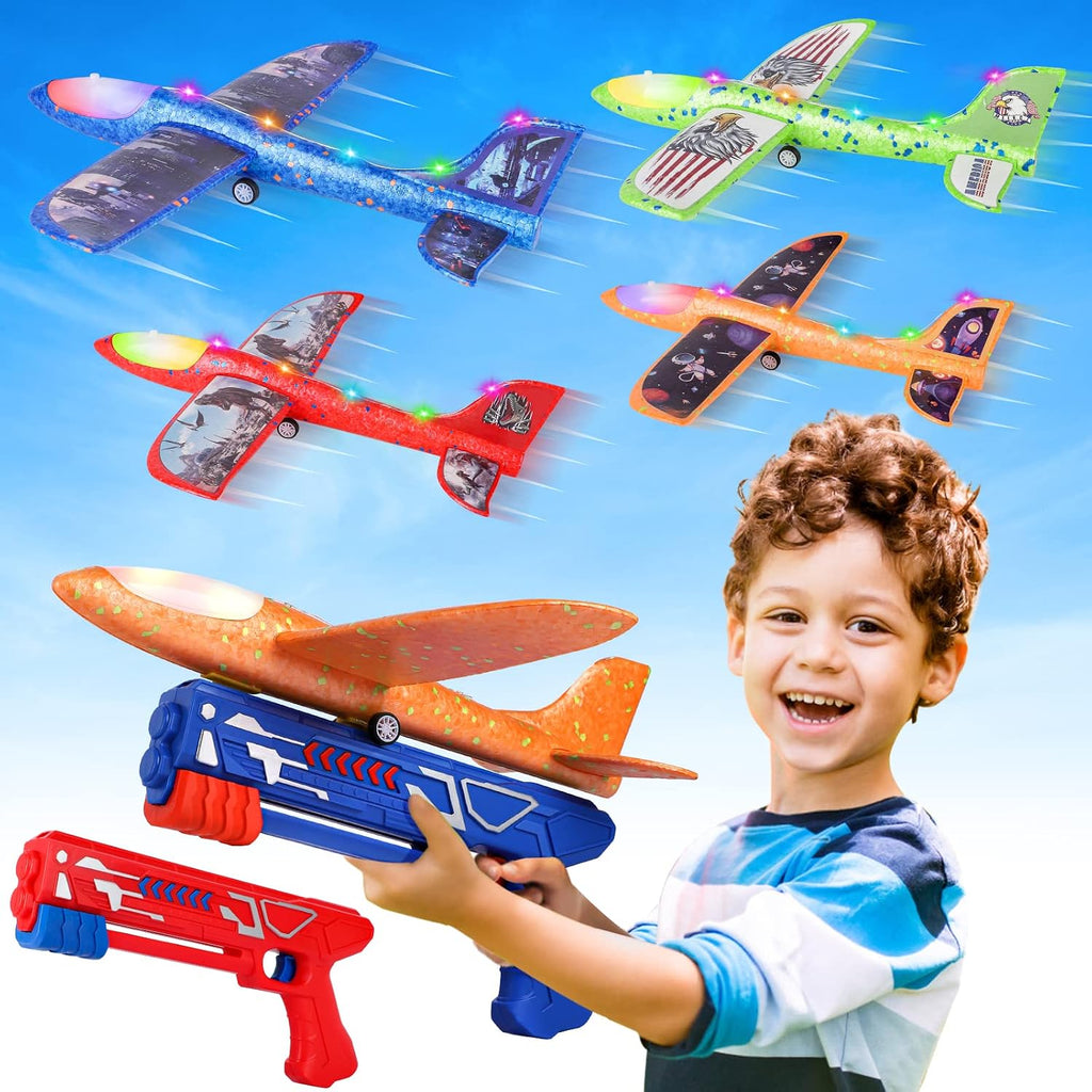 Fuwidvia Lanzador de Aviones de Juguete | Paquete de 4 | 2 Modos de Vuelo | Avion de Espuma LED | Juguete Volador de Exterior | Regalo para Ninos y Ninas de 4 a 12 Anos
