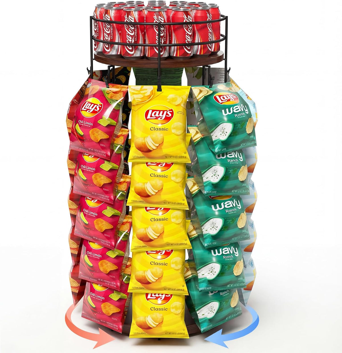 USADO-Exhibidor de Snacks Giratorio Liaakrr 360° | Organizador de 5 Niveles con 40 Clips y Tope Superior | para Bebidas y Papas | Fiestas y Tiendas | Café