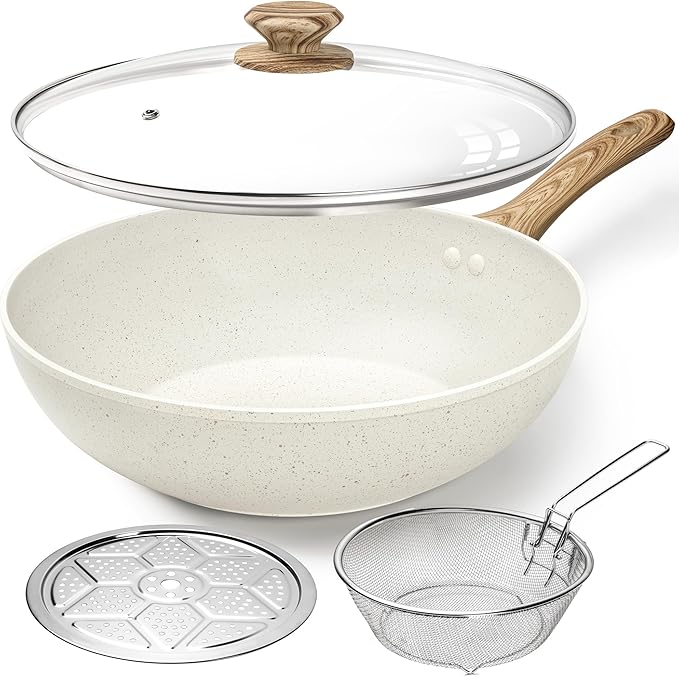 Wok Antiadherente MICHELANGELO 12 Pulgadas con Tapa — Set con Vaporera y Canasta Freidora