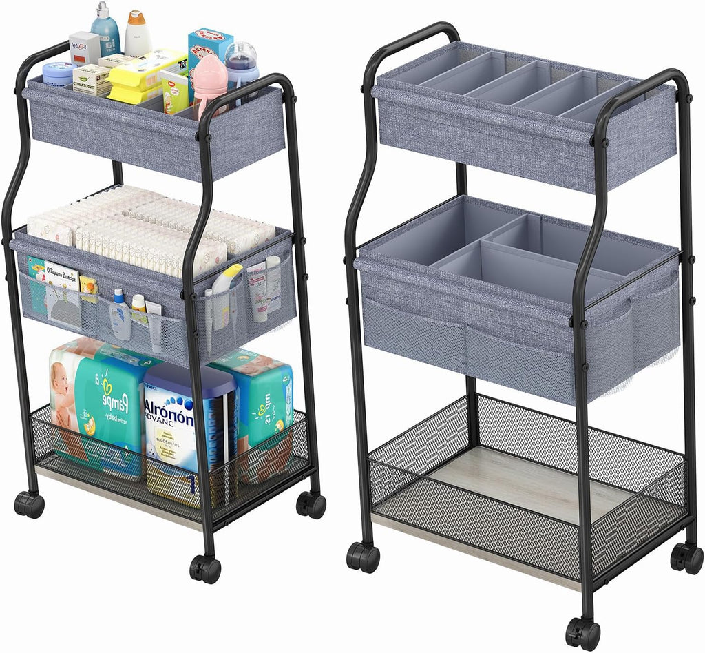 Organizador de Panales para Bebe 3 Niveles con Ruedas | Carro Metalico Movil con 4+2 Divisores, Gran Capacidad
