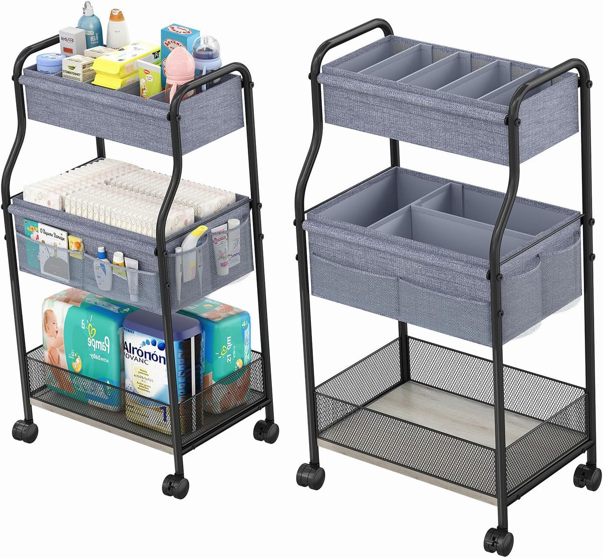 Organizador de Panales para Bebe 3 Niveles con Ruedas | Carro Metalico Movil con 4+2 Divisores, Gran Capacidad