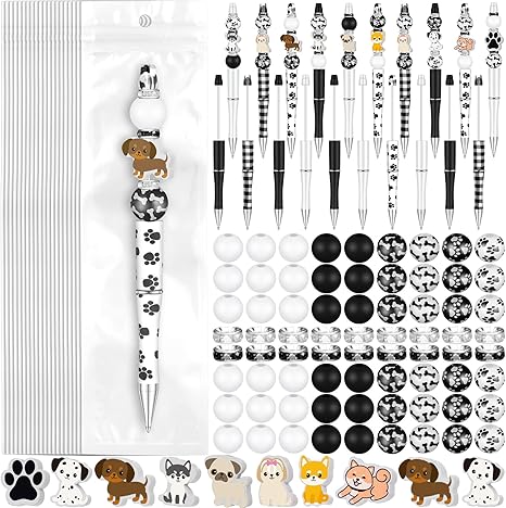 Colarr Juego de 24 bolígrafos de plástico con cuentas, kit de fabricación de bolígrafos de madera, cuentas de madera surtidas, espaciador de cristal, bolígrafo de tinta negra para mujeres, manualidades, oficina, regalos familiares (perro)