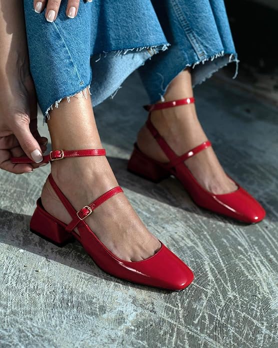 Zapatos de vestir para mujer estilo Mary Jane de Coutgo, con tacón bajo grueso, punta cuadrada cerrada y correa al tobillo.