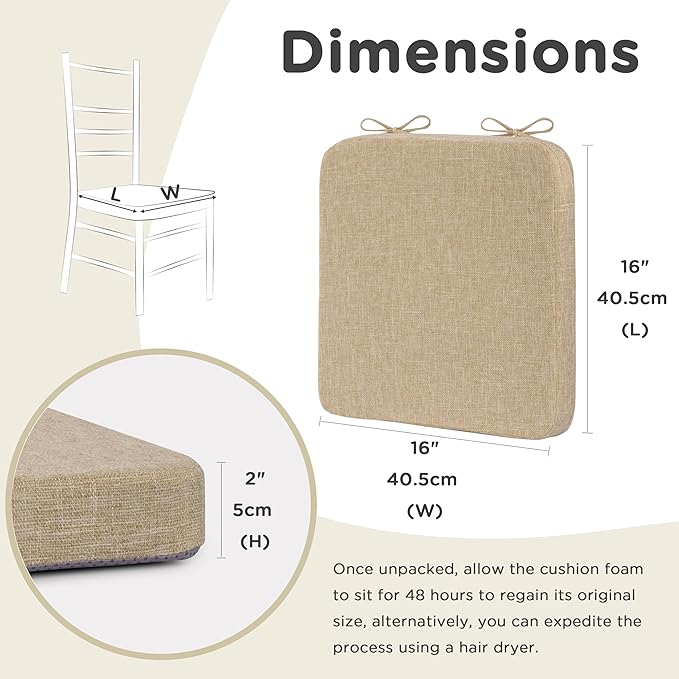 AddGrace Cojín cuadrado para silla de comedor — 1 unidad, antideslizante con lazos y funda extraíble de 16 x 16 x 2 pulgadas