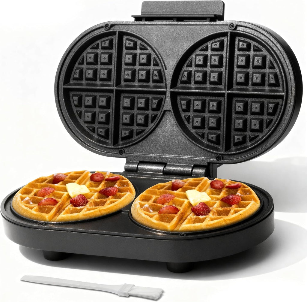 Baker's Friend Wafflera Doble Belga | Waffles Gruesos 2 x 6 pulgadas Redondos | Placas Antiadherentes | 1200W | Ideal para Desayunos en Familia | Grafito