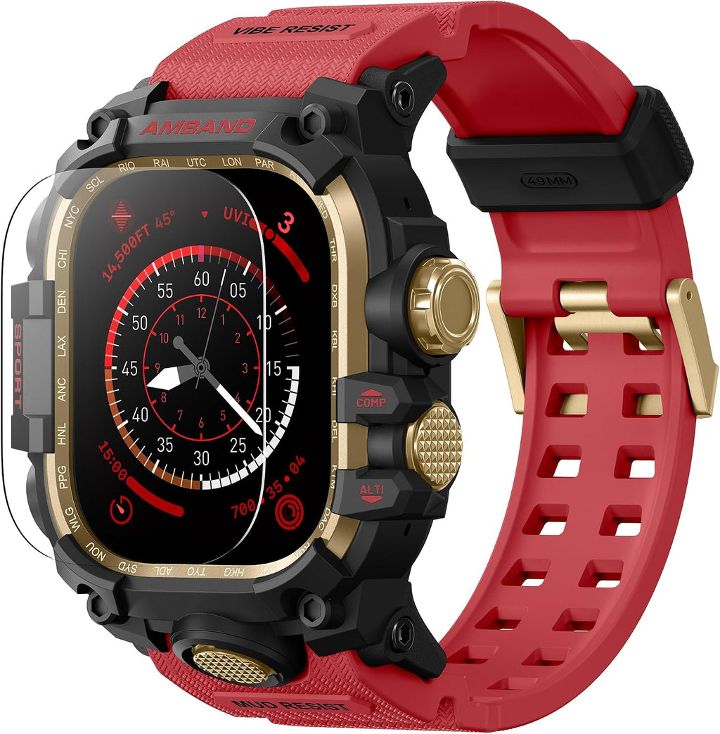 Carcasa Resistente amBand con Correa para Apple Watch Ultra 3/2/1 49mm | Grado Militar M3 Antigolpes | Incluye Protector de Pantalla | Correa Táctica para Hombre | Roja