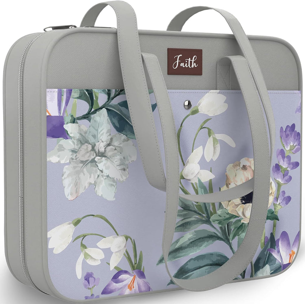 Funda para Biblia DEHITE para mujer ★ Bolsa para Biblia para mujer ★ Funda floral gris - Bolsas de mano extragrandes ★ Capacidad para libros de 11.8 x 10 x 4.1 pulgadas ★ Ranura para bolígrafo ★ Bolsillo con cremallera ★ Correa para el hombro ★ Tela de