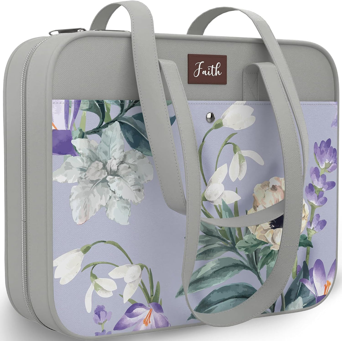 Funda para Biblia DEHITE para mujer ★ Bolsa para Biblia para mujer ★ Funda floral gris - Bolsas de mano extragrandes ★ Capacidad para libros de 11.8 x 10 x 4.1 pulgadas ★ Ranura para bolígrafo ★ Bolsillo con cremallera ★ Correa para el hombro ★ Tela de