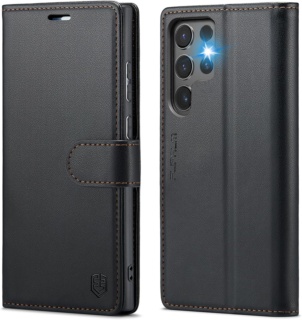Funda tipo cartera FLIPALM para Samsung Galaxy S25 Ultra, tarjetero con bloqueo RFID, funda protectora a prueba de golpes con soporte tipo folio de piel sintética para Galaxy S25 Ultra (Negro)
