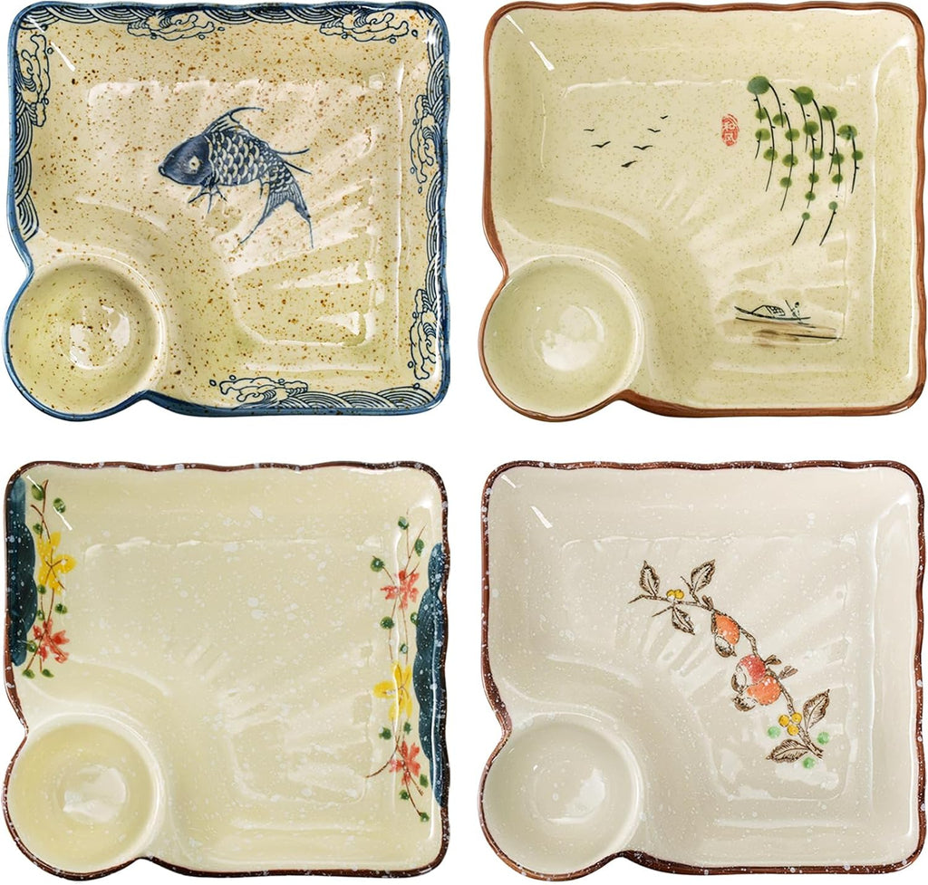 YIMITEE 4 Platos Ceramicos para Dumplings con Salsera | 7.3 Pulgadas | Plato Japones para Sushi | Plato con Division para Salsa | Para Aperitivos, Charcuteria, Postres y Ensaladas