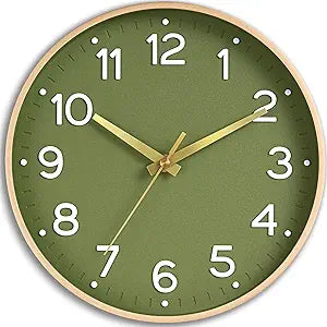Reloj de Pared Silencioso Roymnie 14" – Analógico Verde y Dorado, Sin Tictac, A Batería