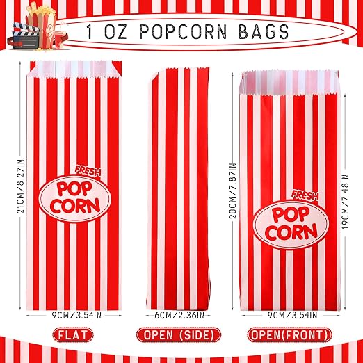 Bolsas de Palomitas Desechables Sherr – 1000 Unidades 1oz, Rayas Rojas Retro para Fiestas, Cine y Eventos