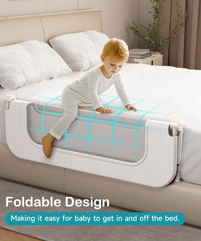 Riel de cama para niños pequeños, 59 pulgadas con base en forma de U, rieles ajustables en altura