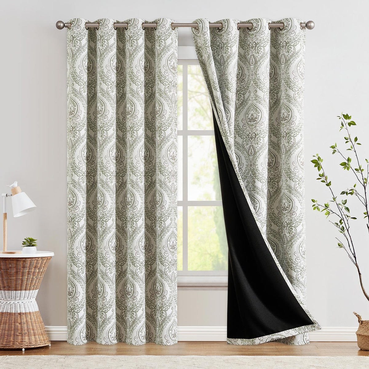 jinchan Cortinas opacas, cortinas de ventana de medallón de damasco verde salvia para dormitorio, con ojales, cortinas con aislamiento térmico para sala de estar.