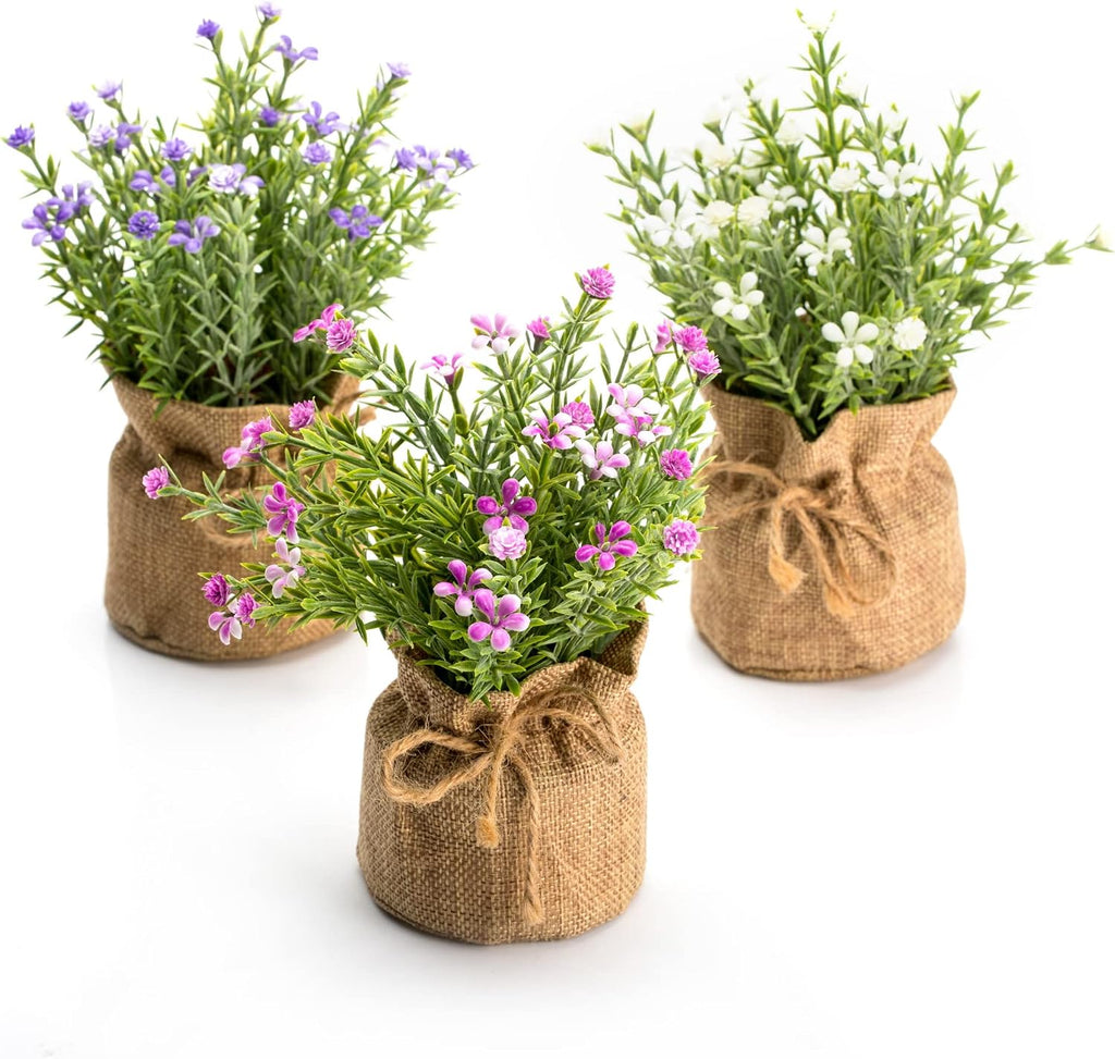 Flores artificiales de paniculata Velener en pequeños jarrones de arpillera (3 unidades) - Flores artificiales de gypsophila para decoración de mesas de centro, estanterías, escritorios, cocinas y comedores.