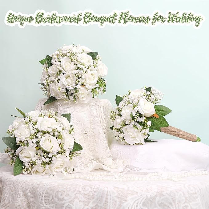 Ramos de novia artificiales de 5 piezas para boda - Ramos de flores blancas de 7 pulgadas para damas de honor, ramo de rosas falsas y gypsophila, ramo floral rústico pequeño, falso, bohemio