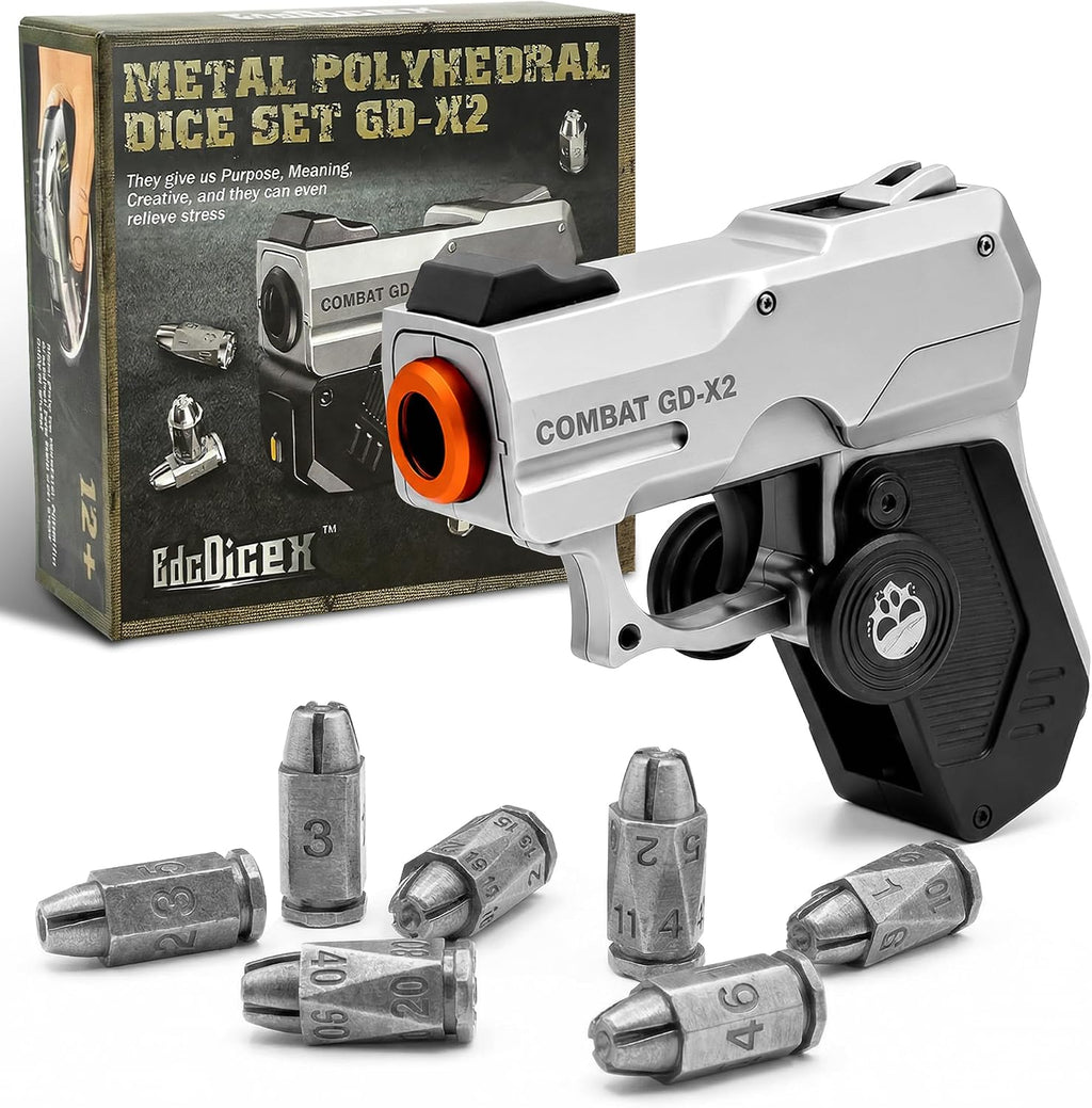 Set de Dados Metalicos 7 Piezas Poliedricos Bala | Modos Disparo y Fidget | Estuche Pistola | RPG Cyberpunk | Plateado