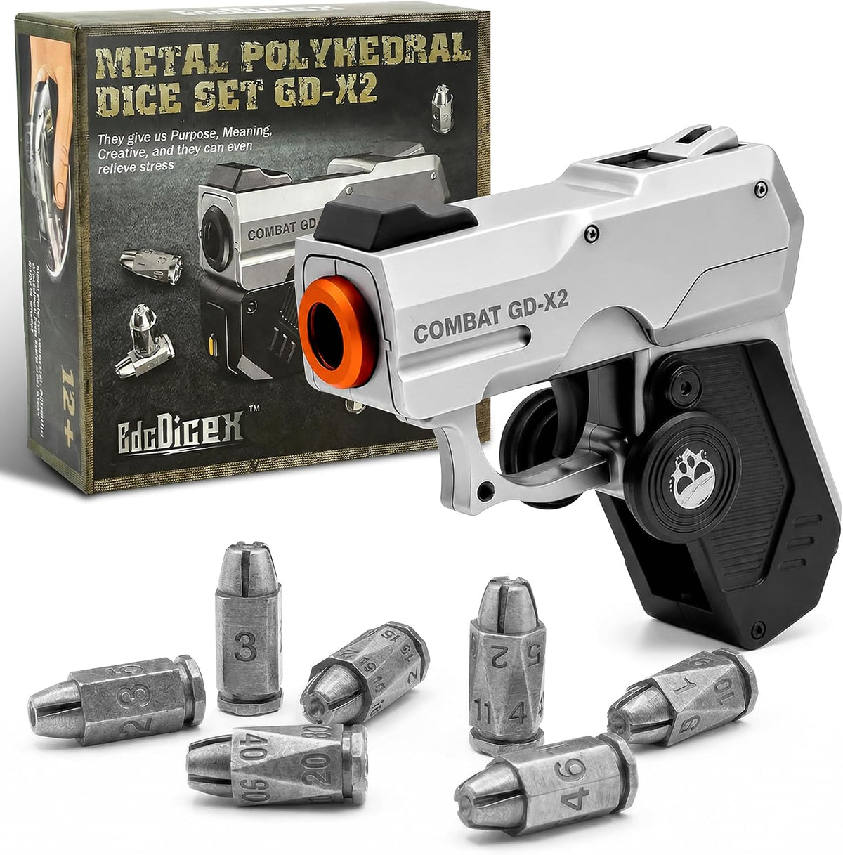 Set de Dados Metalicos 7 Piezas Poliedricos Bala | Modos Disparo y Fidget | Estuche Pistola | RPG Cyberpunk | Plateado
