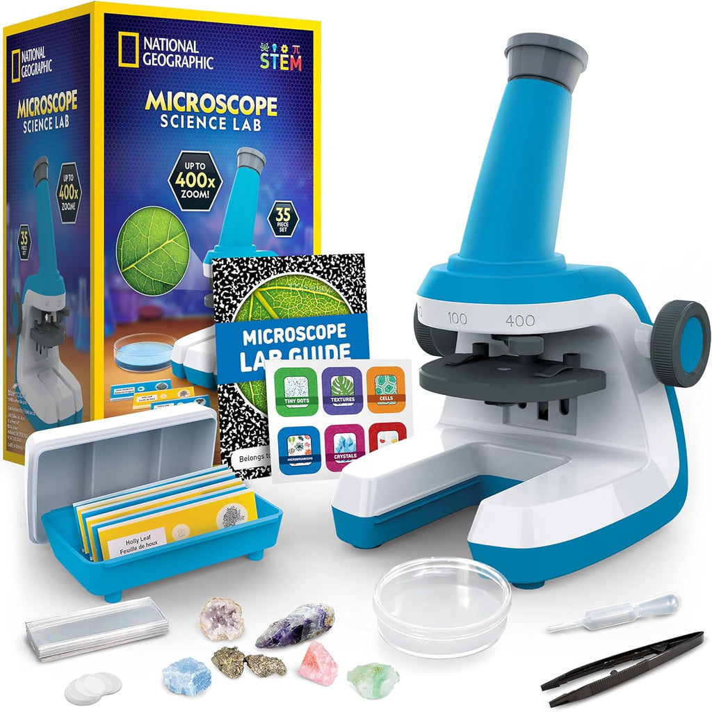Microscopio NATIONAL GEOGRAPHIC para niños: kit científico con microscopio fácil de usar, zoom de hasta 400x, portaobjetos en blanco y preparados, muestras de rocas y minerales, juguete para proyectos STEM. 