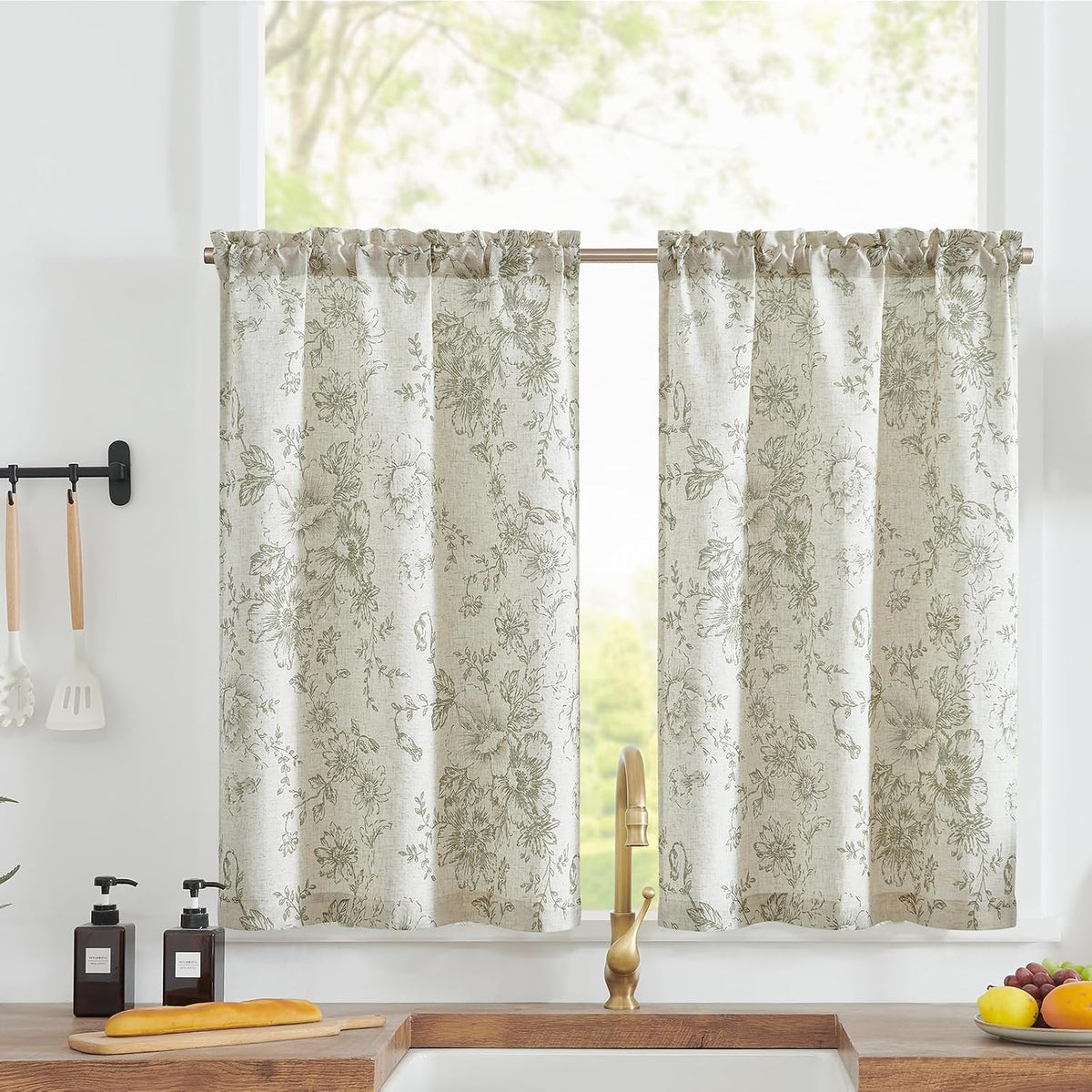 Cortinas de lino con estampado floral Jinchan, color verde salvia sobre fondo beige, estilo café, 91 cm de largo, ideales para cocina, sala de estar, dormitorio, baño, estilo rústico campestre, con bolsillo para barra, 2 paneles.