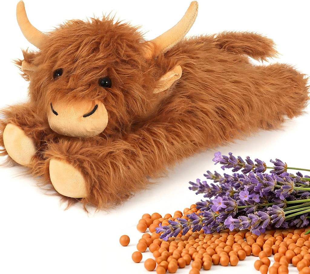 Animales de peluche de vaca de las Tierras Altas - Animales de peluche con peso y calefacción, peluche de vaca con aroma a lavanda para calmar y relajar, almohadilla térmica para microondas para aliviar el dolor y el estrés de los cólicos menstruales