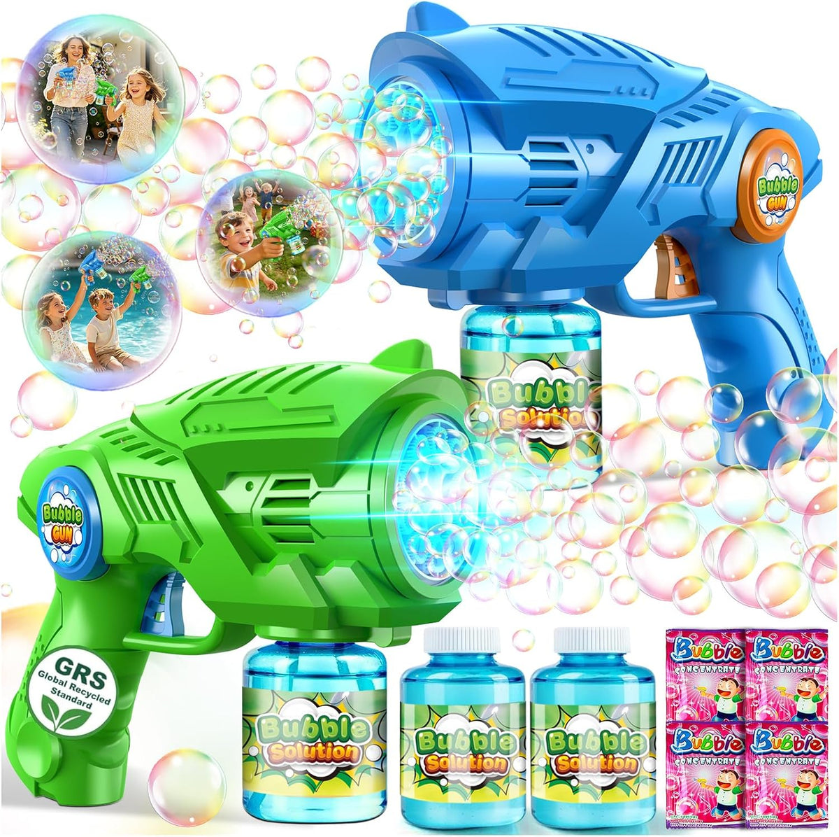 Máquina de burbujas para niños de 4 a 8 años: Paquete de 2 pistolas de burbujas automáticas con 2 botellas de solución de recarga - Juguetes de verano para exteriores, máquina de burbujas para fiestas de Pascua