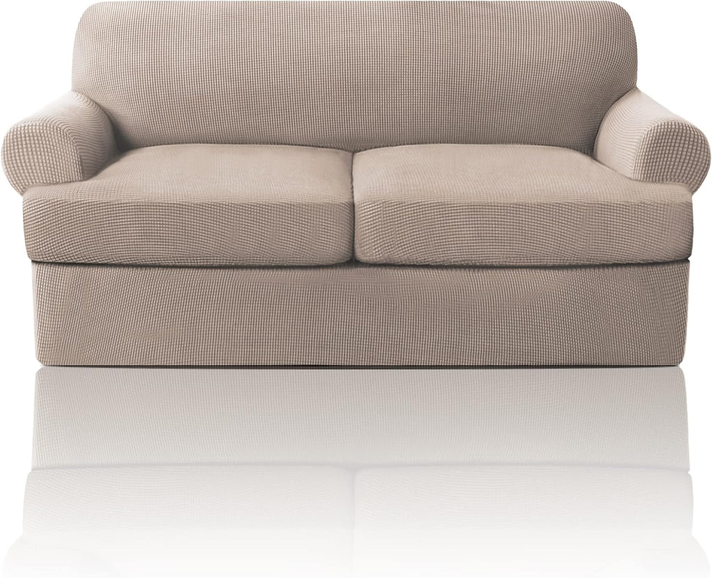 Funda para sofá de dos plazas con cojines en forma de T PrinceDeco, 3 piezas. Fundas elásticas para sofá de dos plazas con 2 fundas individuales para asientos en forma de T. Ancho de hasta 193 cm (76"). Lavable, color arena.