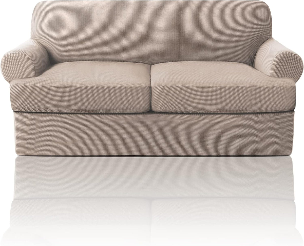 Funda para sofá de dos plazas con cojines en forma de T PrinceDeco, 3 piezas. Fundas elásticas para sofá de dos plazas con 2 fundas individuales para asientos en forma de T. Ancho de hasta 193 cm (76"). Lavable, color arena.