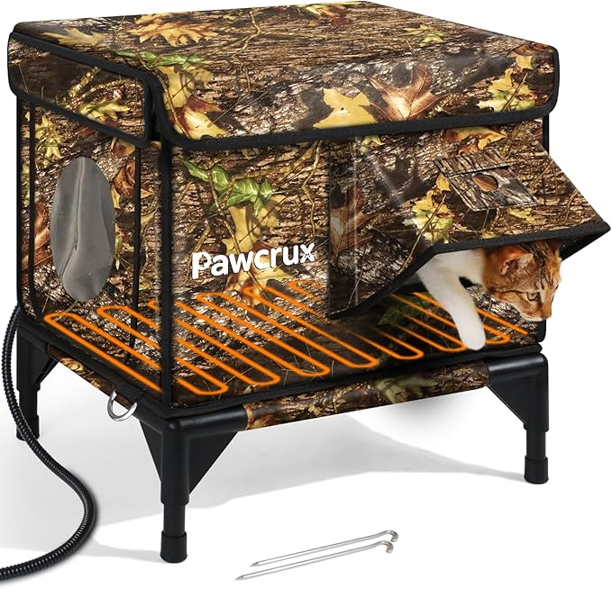 Casa climatizada para gatos resistente a la intemperie para exteriores en invierno, cama climatizada para gatos, refugio de gatitos con almohadilla térmica para gatos, puerta de escape aislada y segura, casa cálida para gatos callejeros (color de hoja